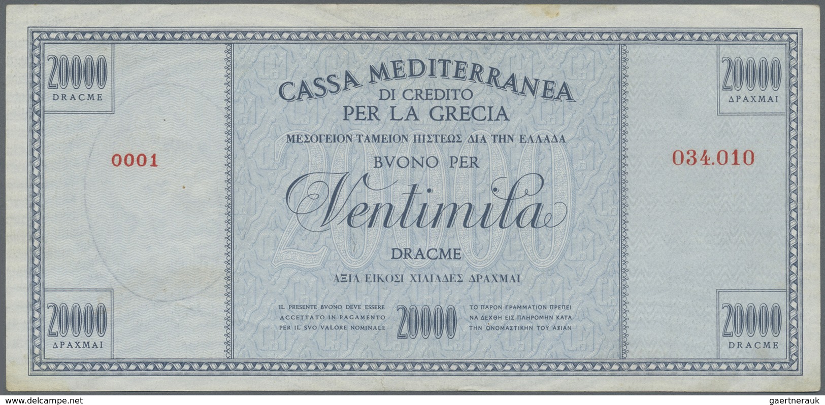 Greece / Griechenland: 20.000 Drachmai ND(1941) P. M9, Never Folded, Only Light Handling In Paper An - Greece