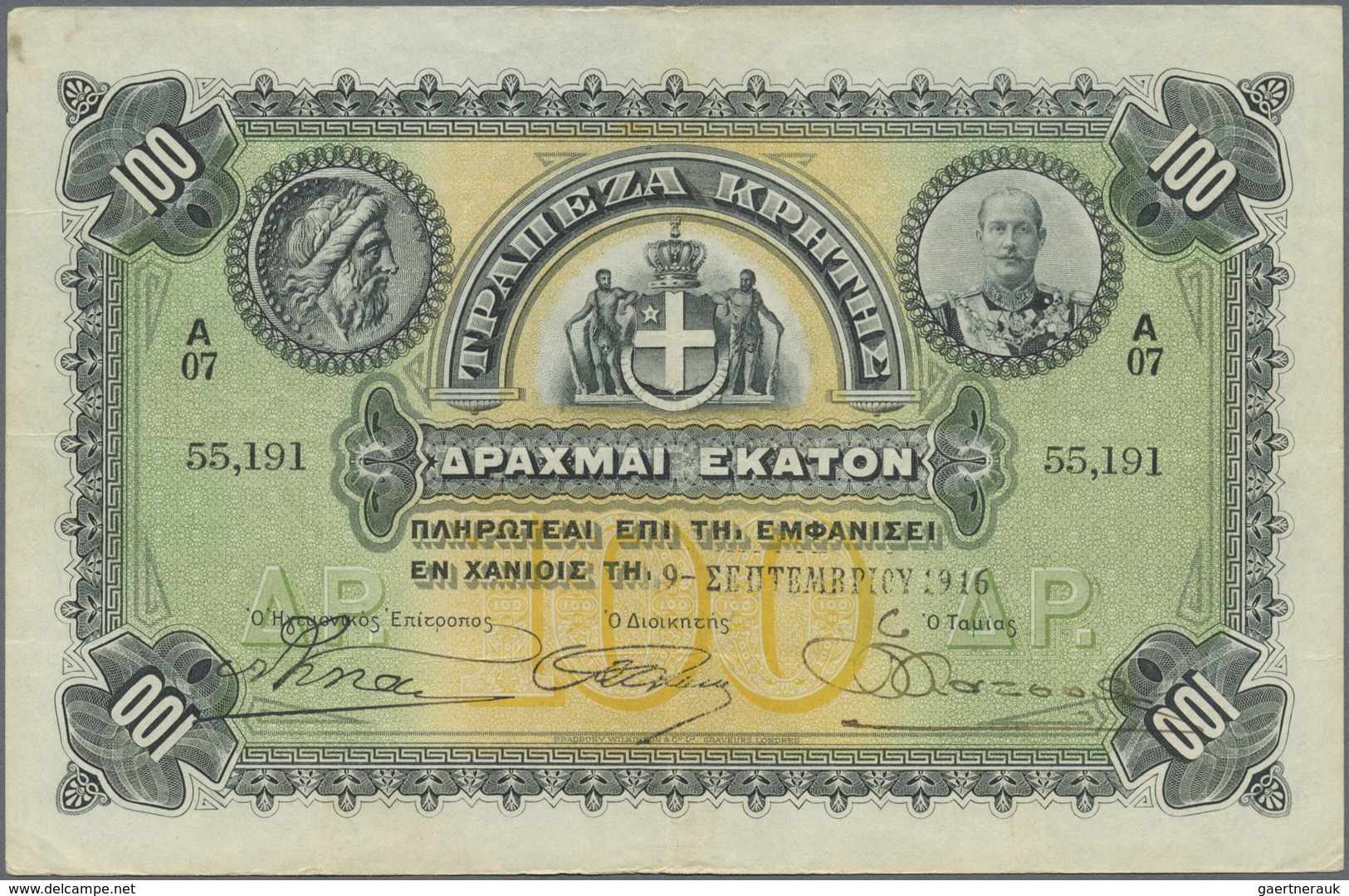 Greece / Griechenland: Trapeza Kritis (Crete) 100 Drachmai 1916, P.S154b, Great Banknote In Excellen - Greece