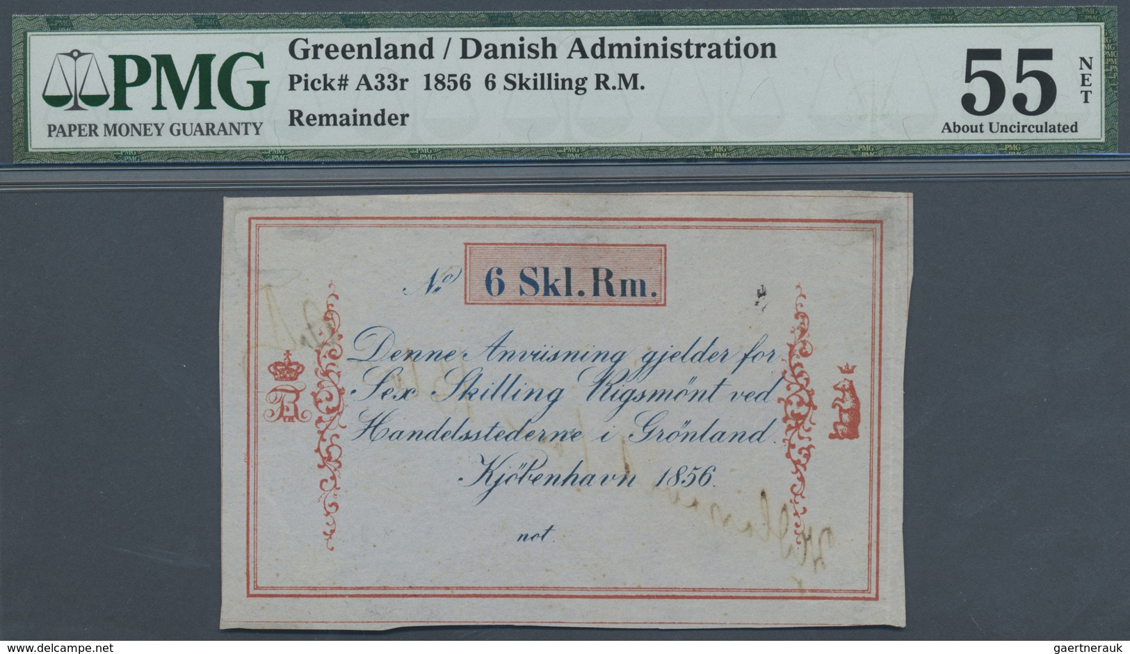 Greenland / Grönland: 6 Skilling 1856 Remainder P. A33r, Rare Note And Probably Unique As PMG Graded - Greenland