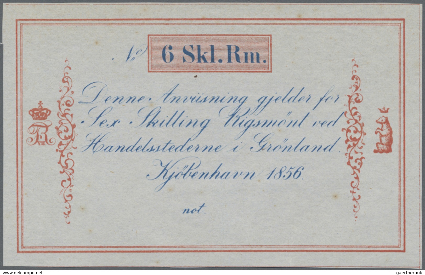 Greenland / Grönland: 6 Skilling Rigsmönt 1856 Unsigned Remainder, P.A33r, Tiny Brownish Spots On Ba - Greenland