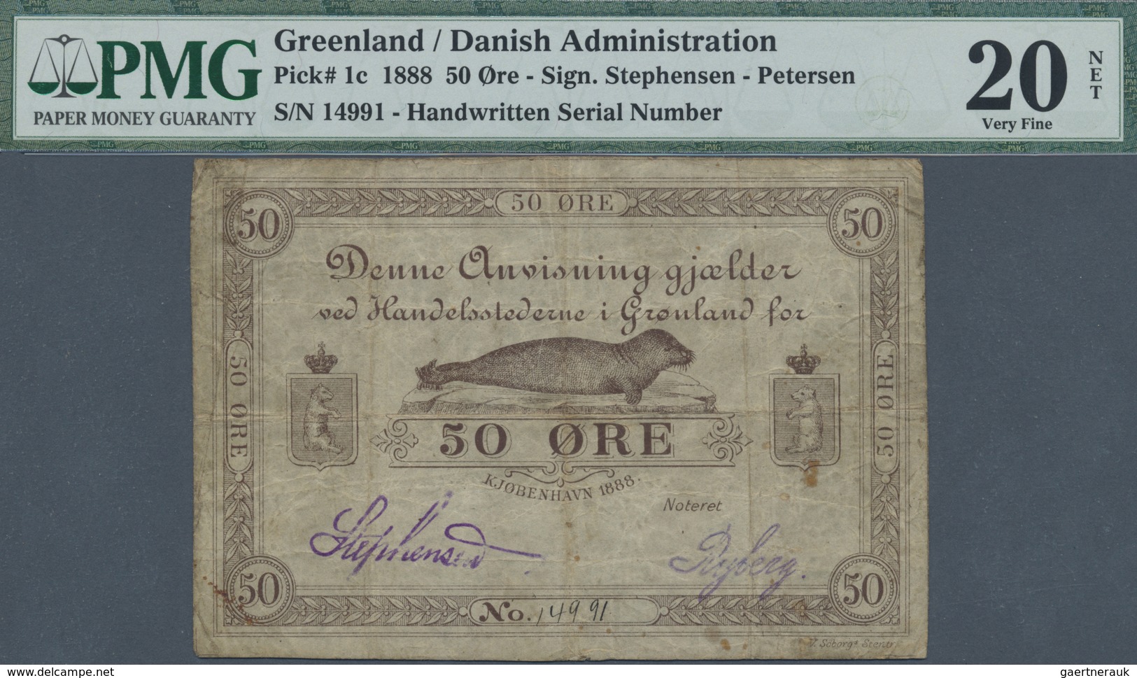 Greenland / Grönland: 50 Oere 1888 P. 1c, Rare Note, PMG Graded 20 VF NET. - Greenland