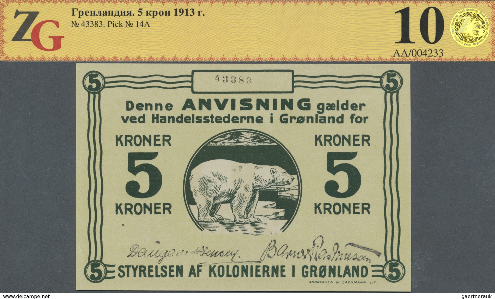 Greenland / Grönland: 5 Kroner 1913, P.14A In Perfect Condition, ZG Graded 68 GUnc - Greenland