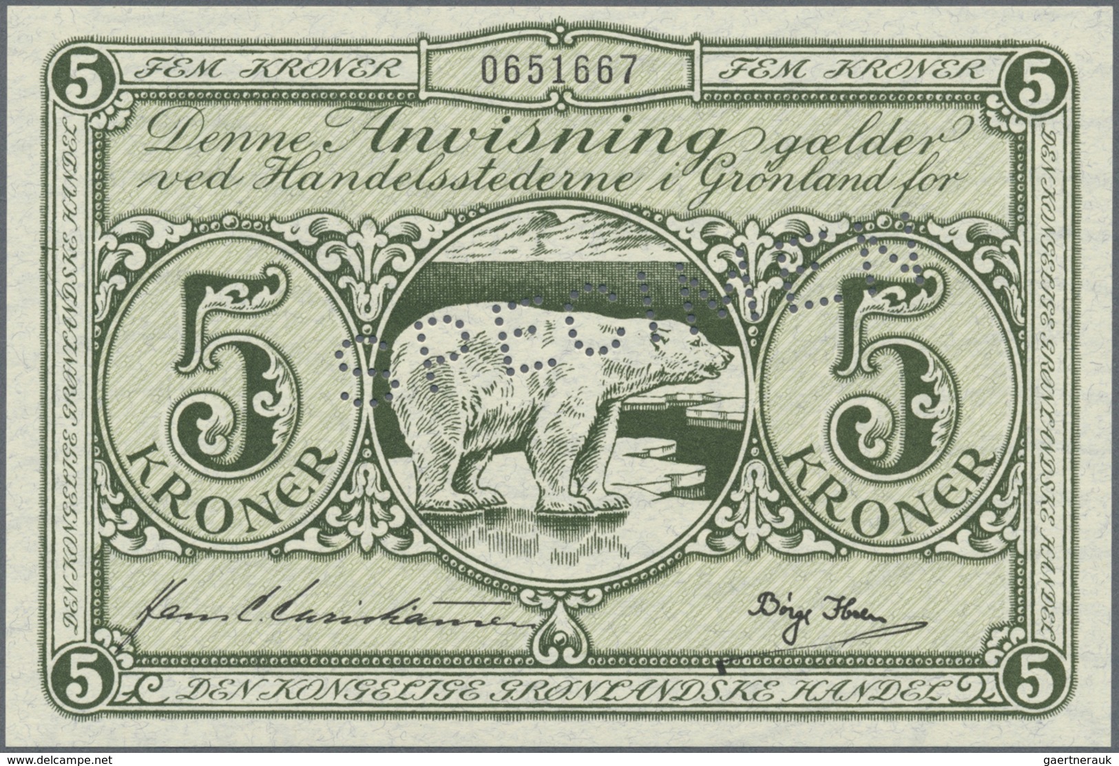 Greenland / Grönland: 5 Kroner ND(1945) P. 15as Specimen, Light Dint At Right, Otherwise Perfect, Co - Greenland