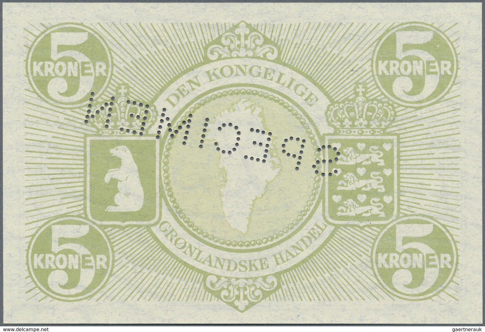 Greenland / Grönland: 5 Kroner ND(1945) P. 15as Specimen, Light Dint At Right, Otherwise Perfect, Co - Greenland