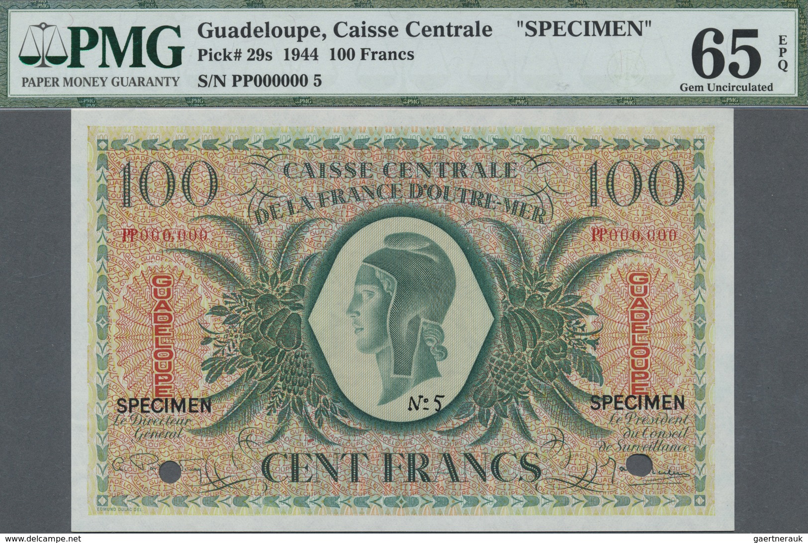 Guadeloupe: 100 Francs 1944 Specimen P. 29s, PMG Graded 65 GEM UNC EPQ. - Other - America