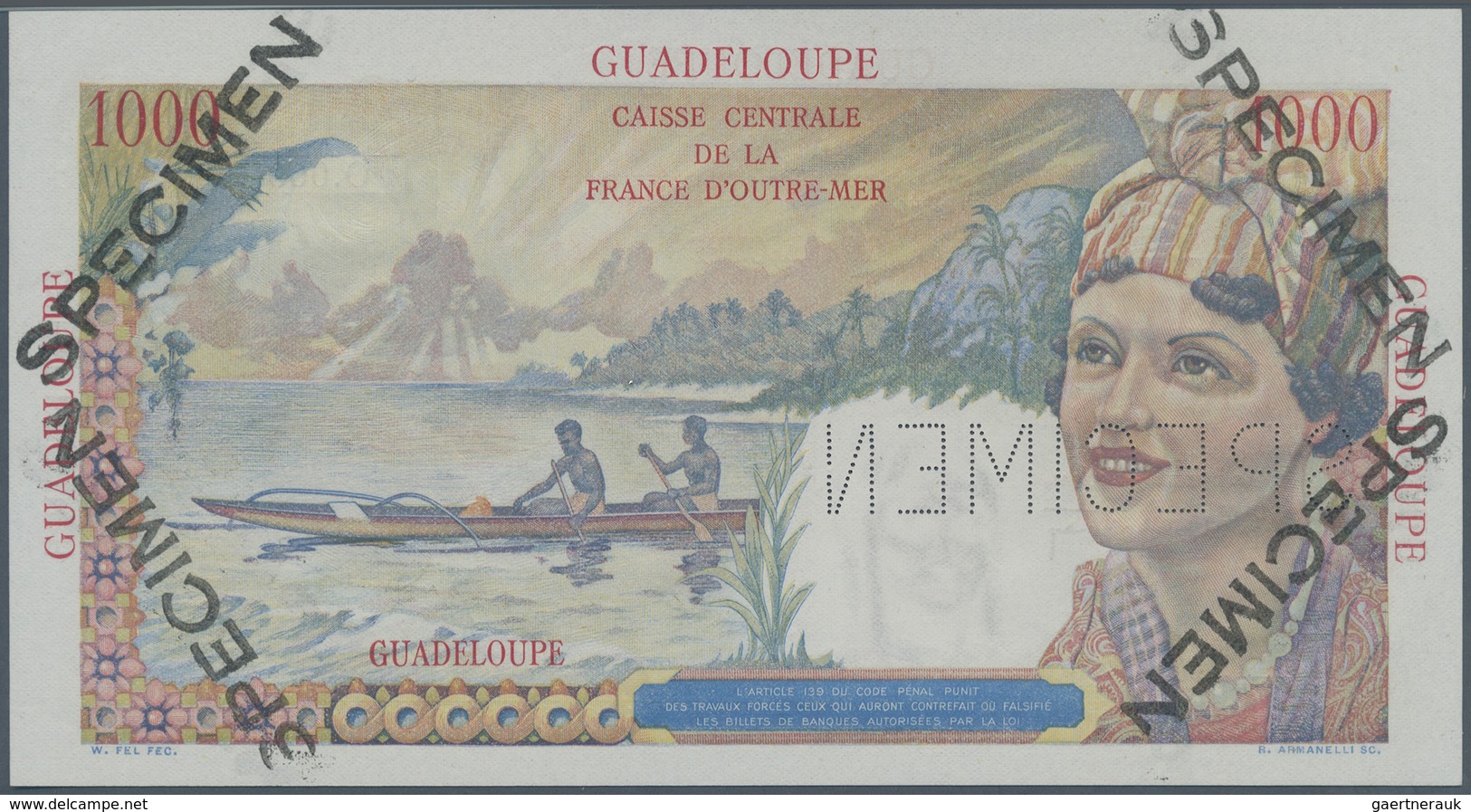 Guadeloupe: 1000 Francs ND(1947-49) SPECIMEN, P.37s In Excellent Condition With Strong Paper And Bri - Other - America