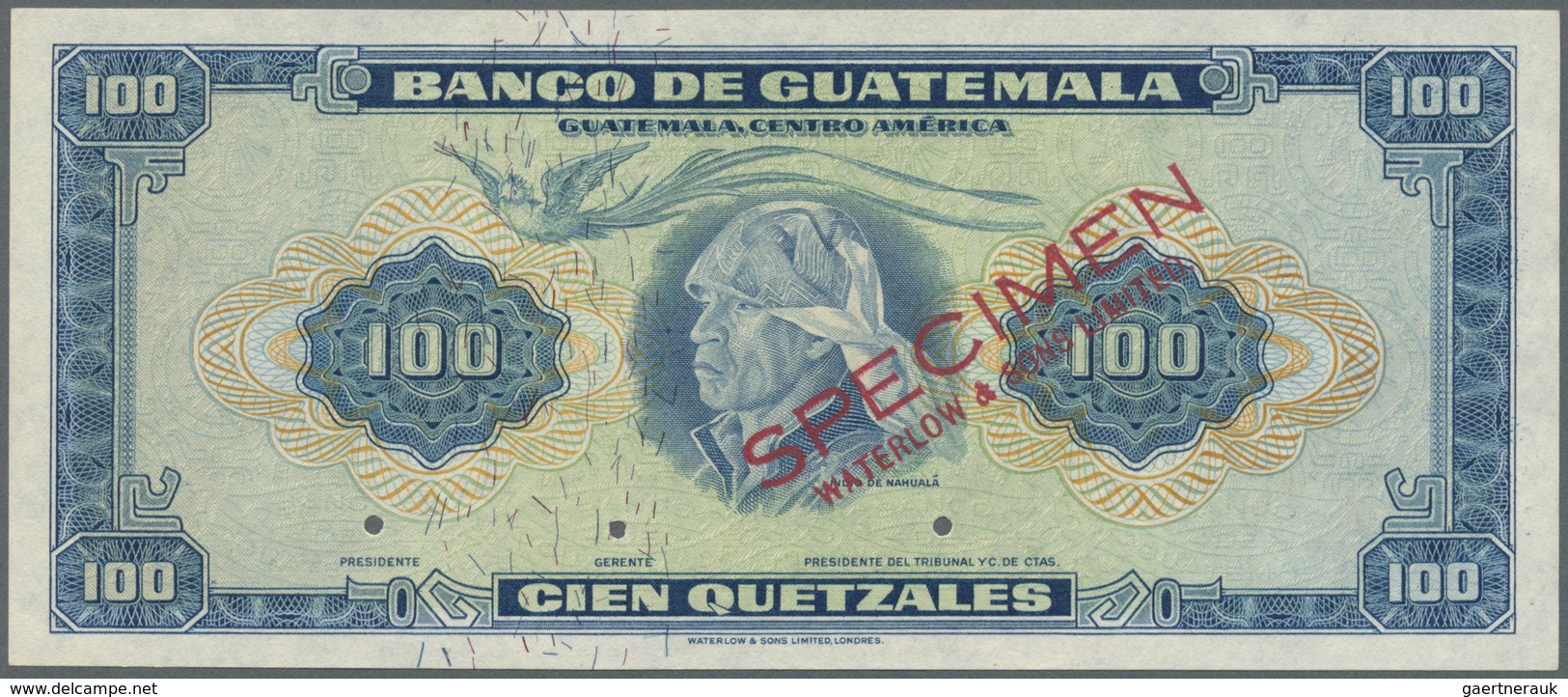 Guatemala: Banco De Guatemala 100 Quetzales 1959-65 SPECIMEN By Waterlow & Sons Ltd., P.49s In Perfe - Guatemala