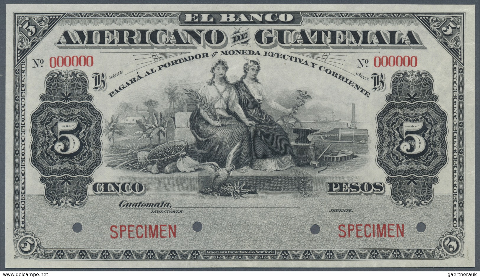 Guatemala: 5 Pesos ND(1897-1920) Specimen P. S112s, Printed By ABNC With Zero Serial Numbers, Hole C - Guatemala