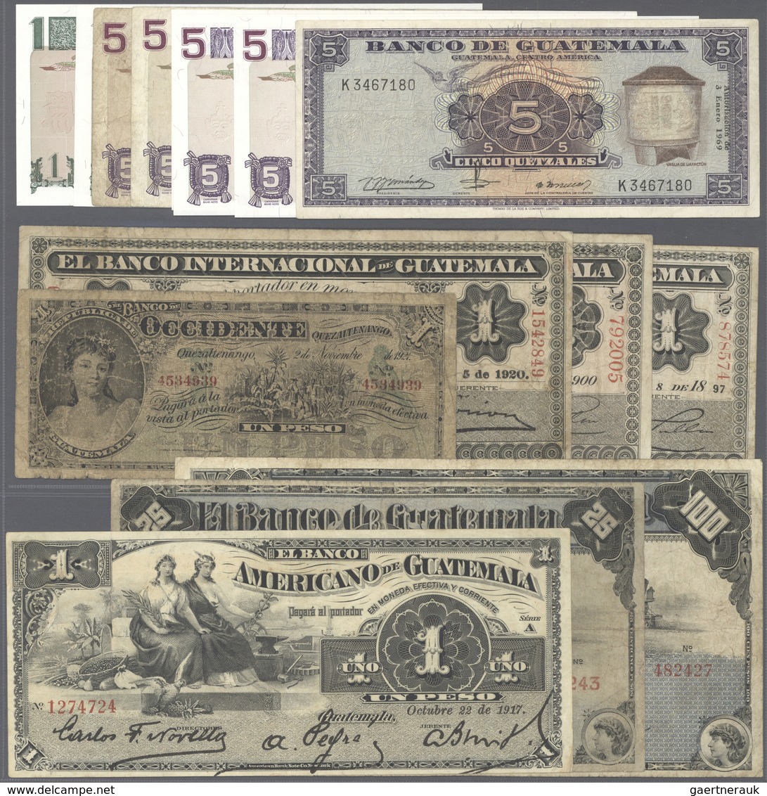 Guatemala: Set Of 210 Banknotes Containing 1 Peso 1917 P. S111b (F+), 25 Pesos 1905 P. S146a (VG+), - Guatemala