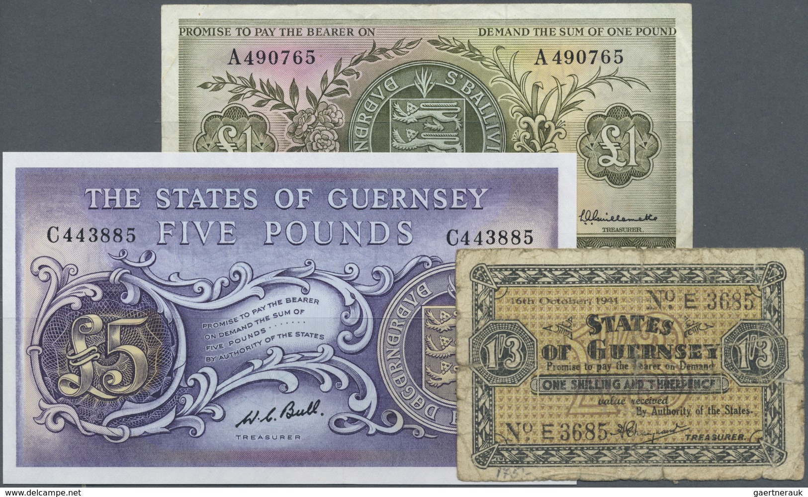 Guernsey: Set With 3 Banknotes Comprising 1 Shilling 3 Pence ND(1941) P.23 (VG), 1 Pound ND(1969-75) - Other & Unclassified