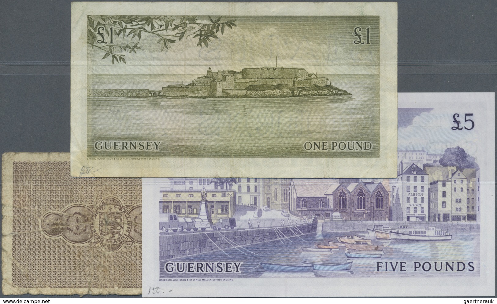 Guernsey: Set With 3 Banknotes Comprising 1 Shilling 3 Pence ND(1941) P.23 (VG), 1 Pound ND(1969-75) - Other & Unclassified