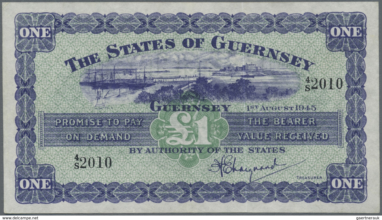 Guernsey: 1 Pound 1945 P. 43a, Crisp Paper But A Bit Wavy At Upper And Lower Border, No Folds, No Ho - Sonstige & Ohne Zuordnung