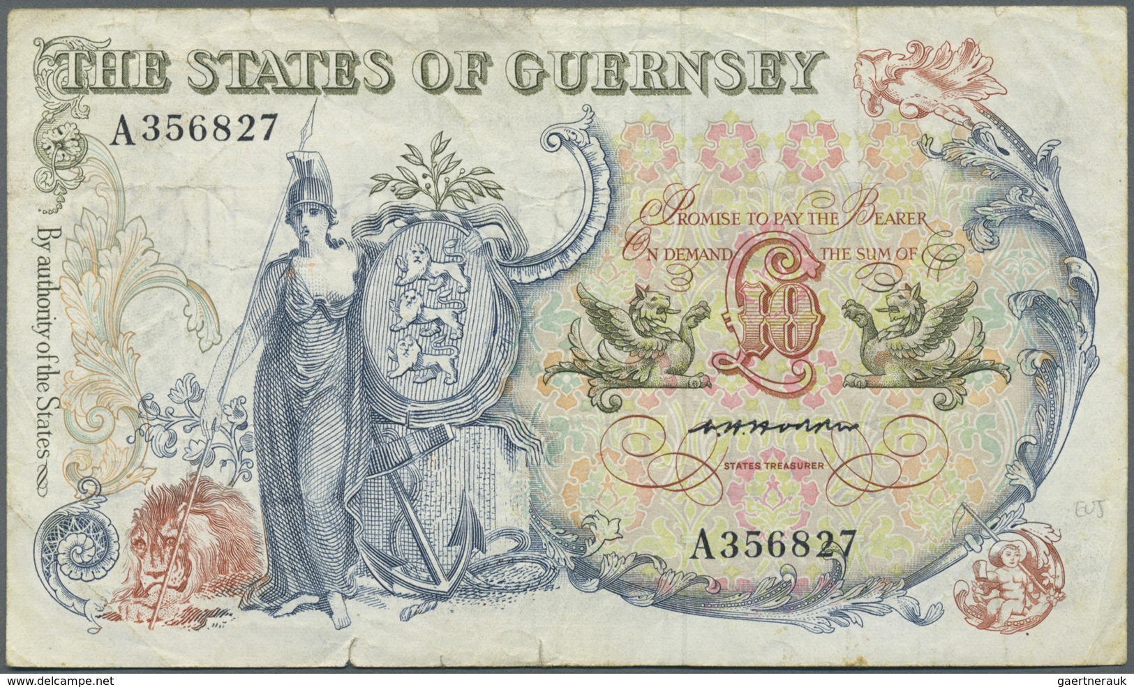 Guernsey: 10 Pounds ND(1975-80) P. 47, Used With Several Folds And Creases, No Holes, Minor Border T - Other & Unclassified