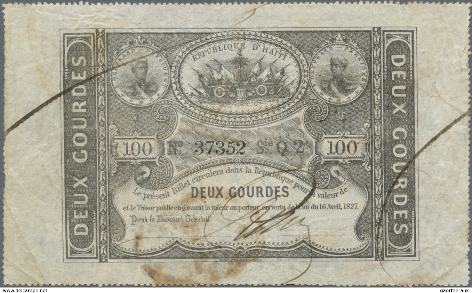 Haiti: 2 Gourdes 1827 P. 42, Used With Folds, Stamped On Back, No Holes Or Tears, Condition: F+. - Haiti