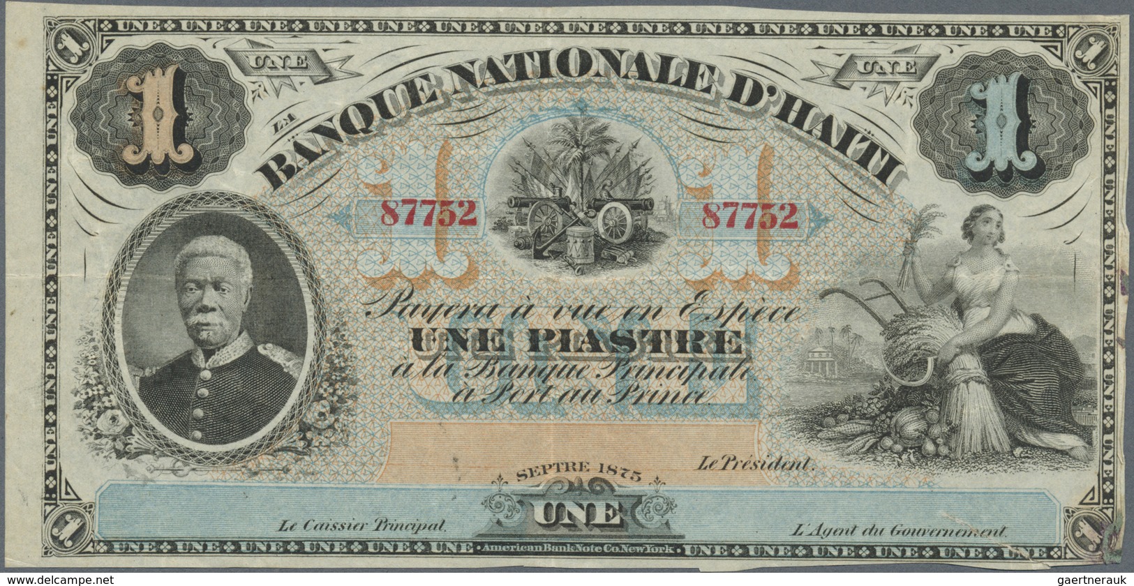 Haiti: 1 Piastre 1875 Remainder P. 70r, Used With Folds And Traces Of Mounting On Back But No Holes - Haiti