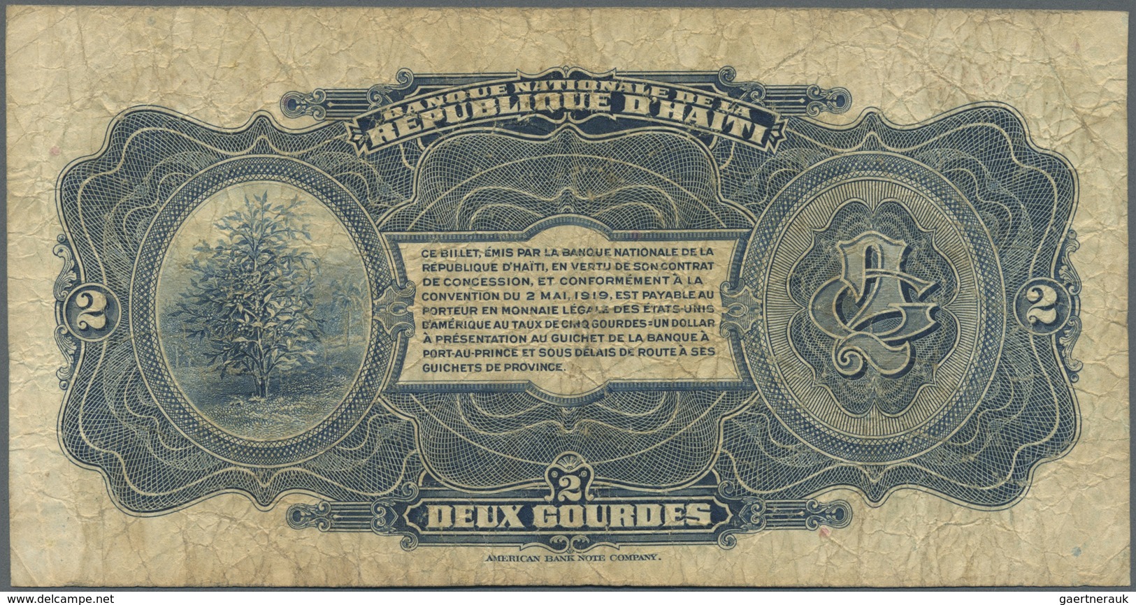 Haiti:  Banque Nationale De La République D'Haïti 2 Gourdes L.1919, P.151 In Used Condition With Yel - Haiti