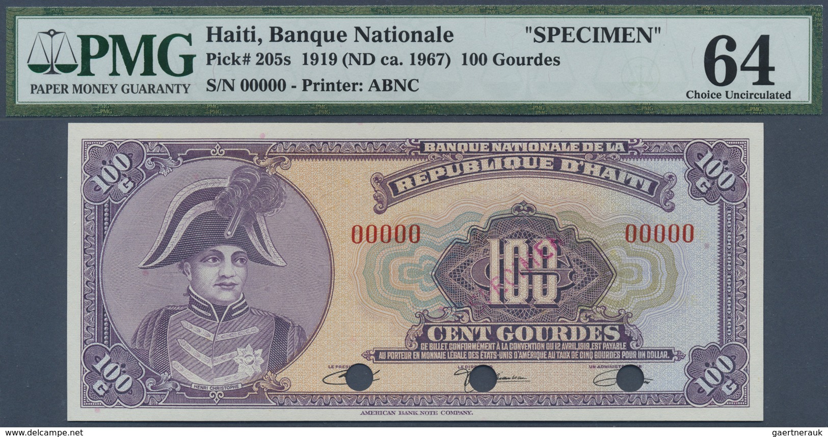 Haiti: 100 Gourdes ND(1967) Specimen P. 205s, Condition: PMG Graded 64 Choice UNC. - Haiti