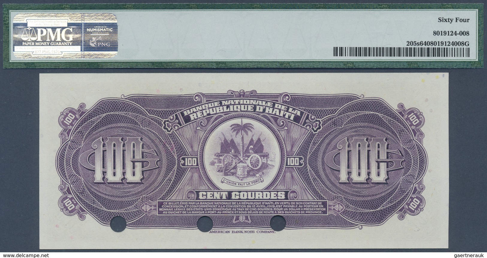 Haiti: 100 Gourdes ND(1967) Specimen P. 205s, Condition: PMG Graded 64 Choice UNC. - Haiti