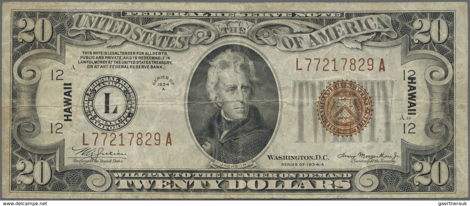 Hawaii: 20 Dollars, Series 1934-A, P.41, Still A Nice Note With Strong Paper, Several Folds, Lightly - Other - America