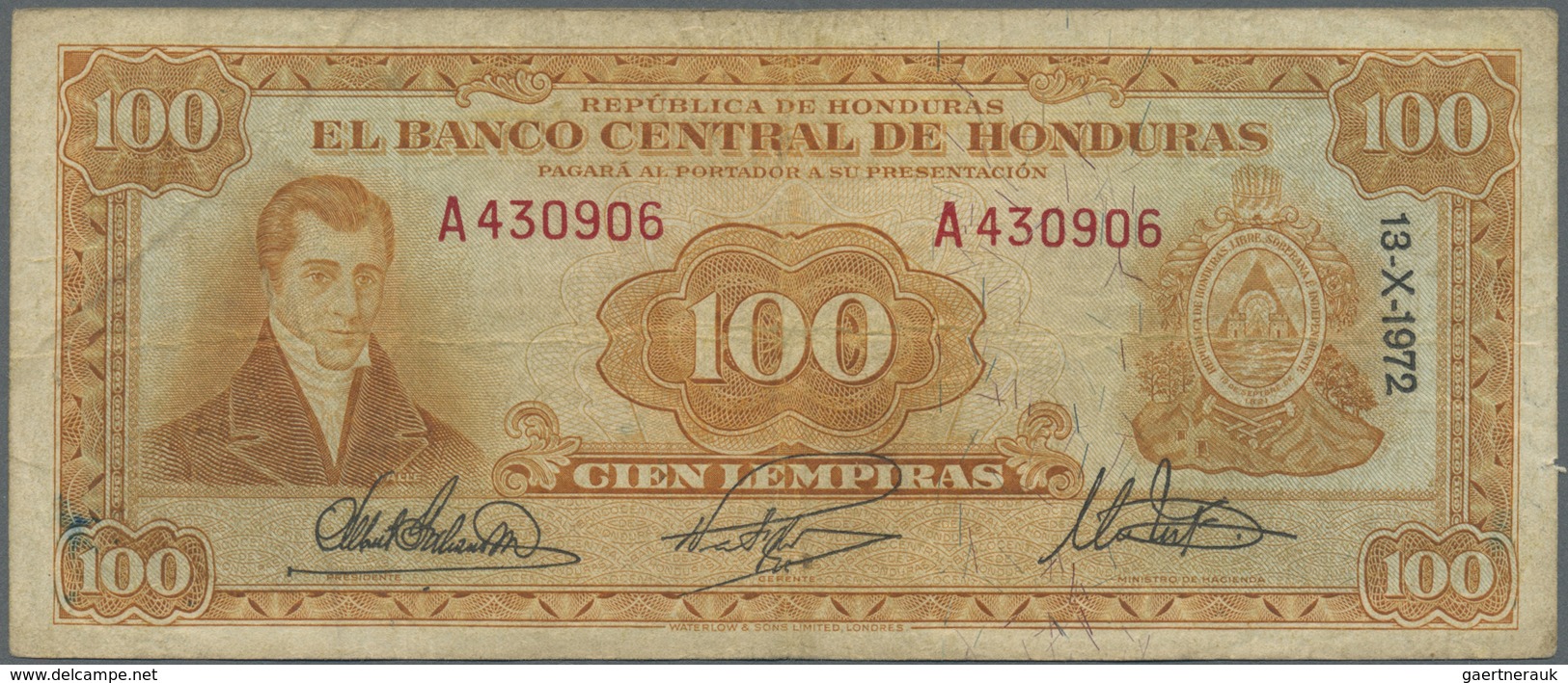 Honduras: 100 Lempiras 1972 P. 49d, Used With Folds And Creases, Stained Paper, 2 Pinholes, But No T - Honduras