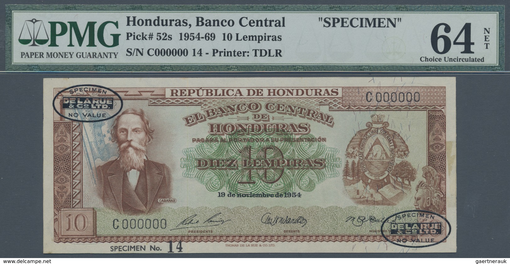 Honduras: 10 Lempiras 1954 Specimen P. 52s, PMG Graded 64 Choice UNC Net. - Honduras