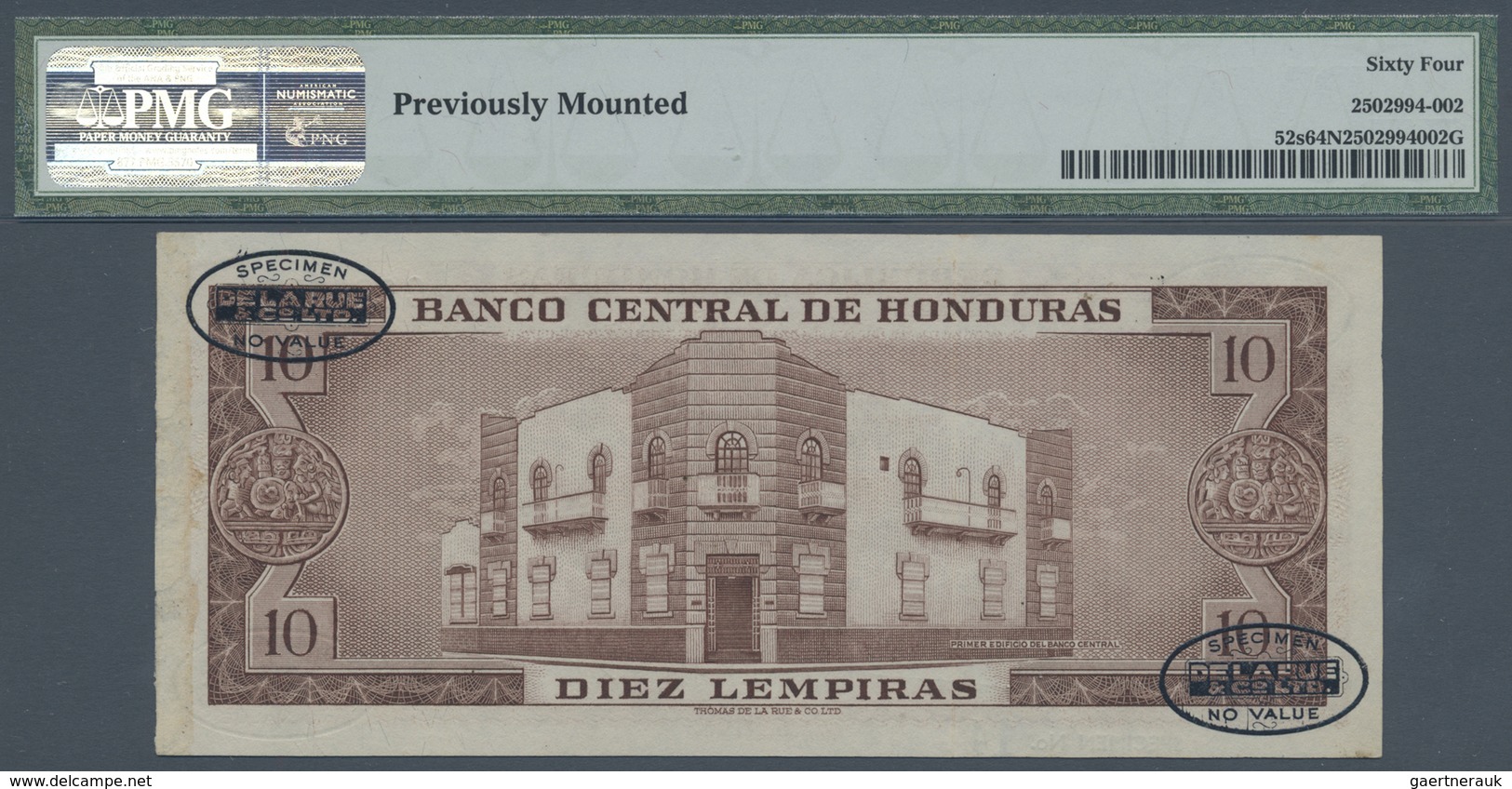 Honduras: 10 Lempiras 1954 Specimen P. 52s, PMG Graded 64 Choice UNC Net. - Honduras