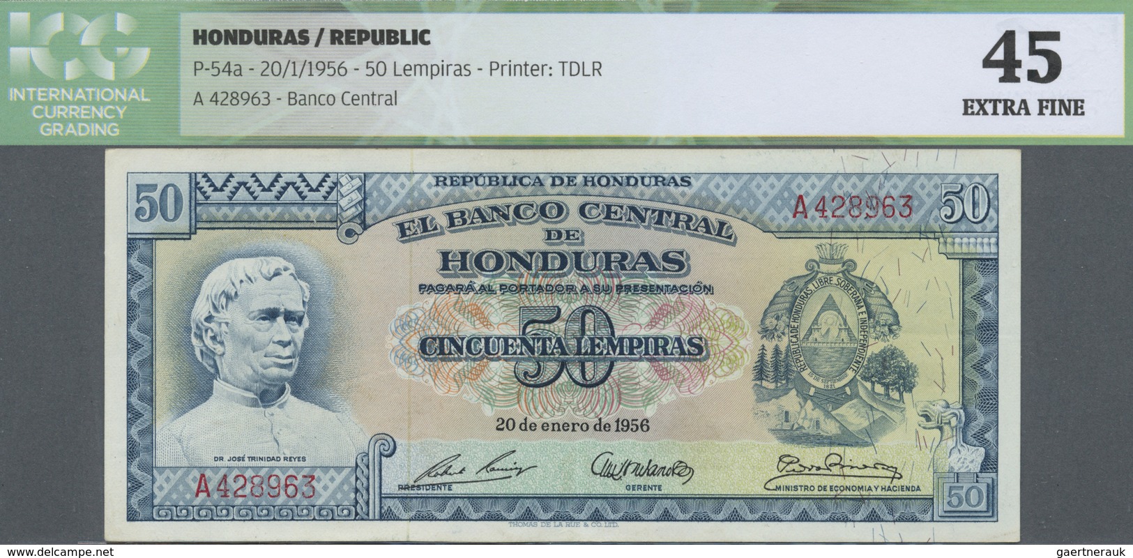 Honduras: 50 Lempiras 1956 P. 54a, ICG Graded 45 XF. - Honduras