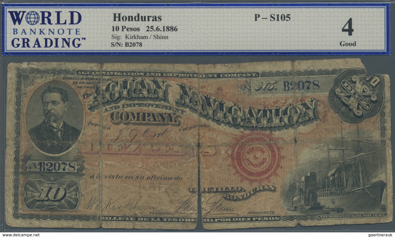 Honduras:  Aguan Navigation And Improvement Company 10 Pesos 1886, P.S105 In Well Worn Condition, Al - Honduras