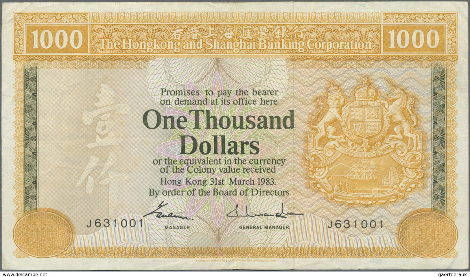 Hong Kong: 1000 Dollars 1983 P. 190, Used With Folds And Creases, No Holes Or Tears, Still Crispness - Hongkong