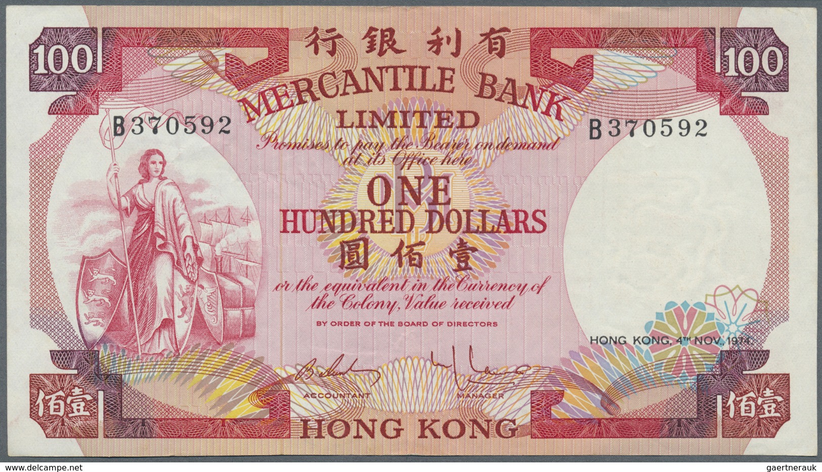 Hong Kong: 100 Dollars 1974 P. 245, Center Fold, Vertical Fold, Light Handling In Paper But Still St - Hongkong