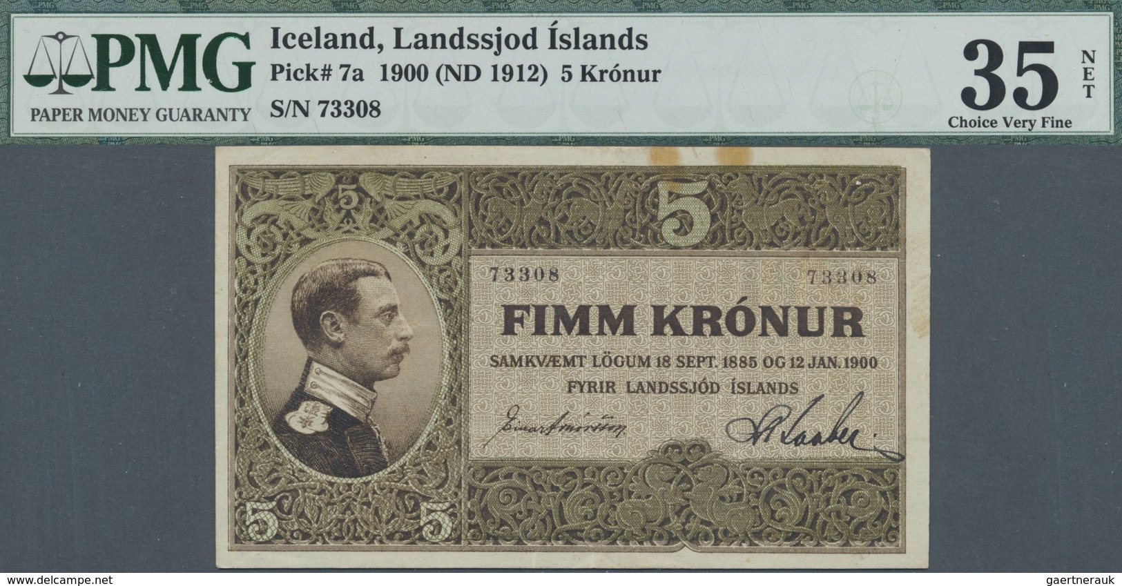 Iceland / Island: 5 Kronur 1900 ND(1912) P. 7a, PMG Graded 24 Choice VF NET. - Iceland