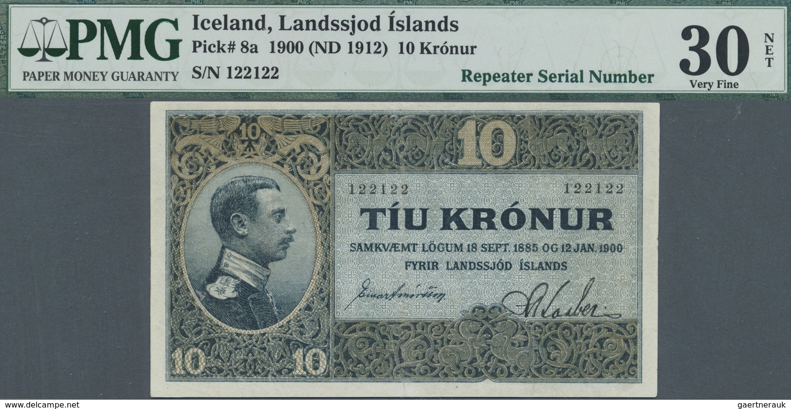 Iceland / Island: 10 Kronur 1900 (ND 1912) P. 8a, Repeater Number, PMG Graded 30 VF NET. - Iceland