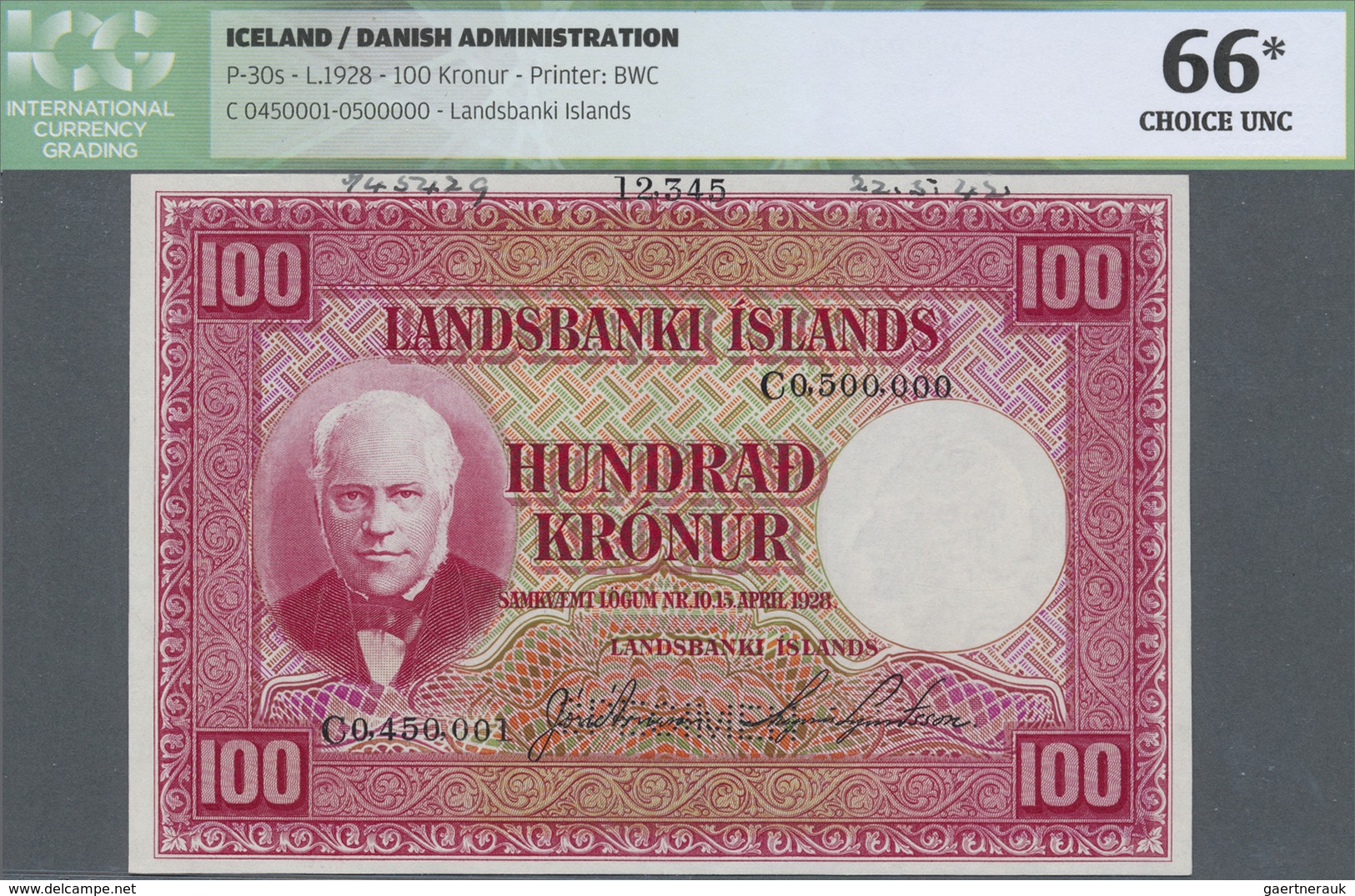 Iceland / Island: 100 Kronur L.1928 SPECIMEN, P.30s With Perforation "Specimen" At Lower Center And - Iceland