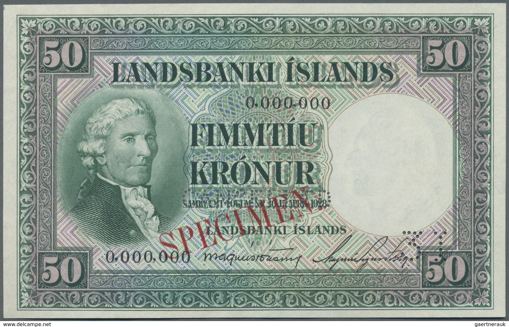 Iceland / Island: 50 Kronur 1956 Specimen P. 34s, "cancelled" Perforation, Specimen Overprint, Zero - Iceland