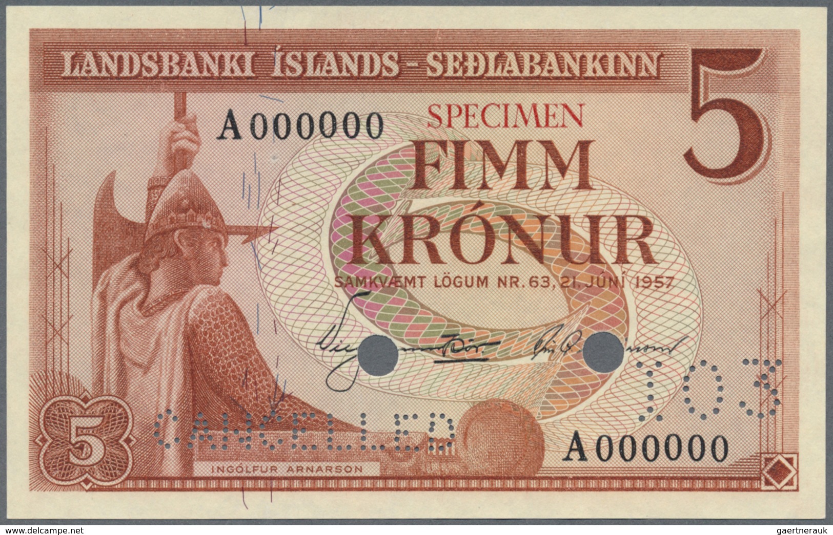 Iceland / Island: 5 Kronur L.21.06.1957 SPECIMEN, P.37as In Perfect UNC Condition - Islanda