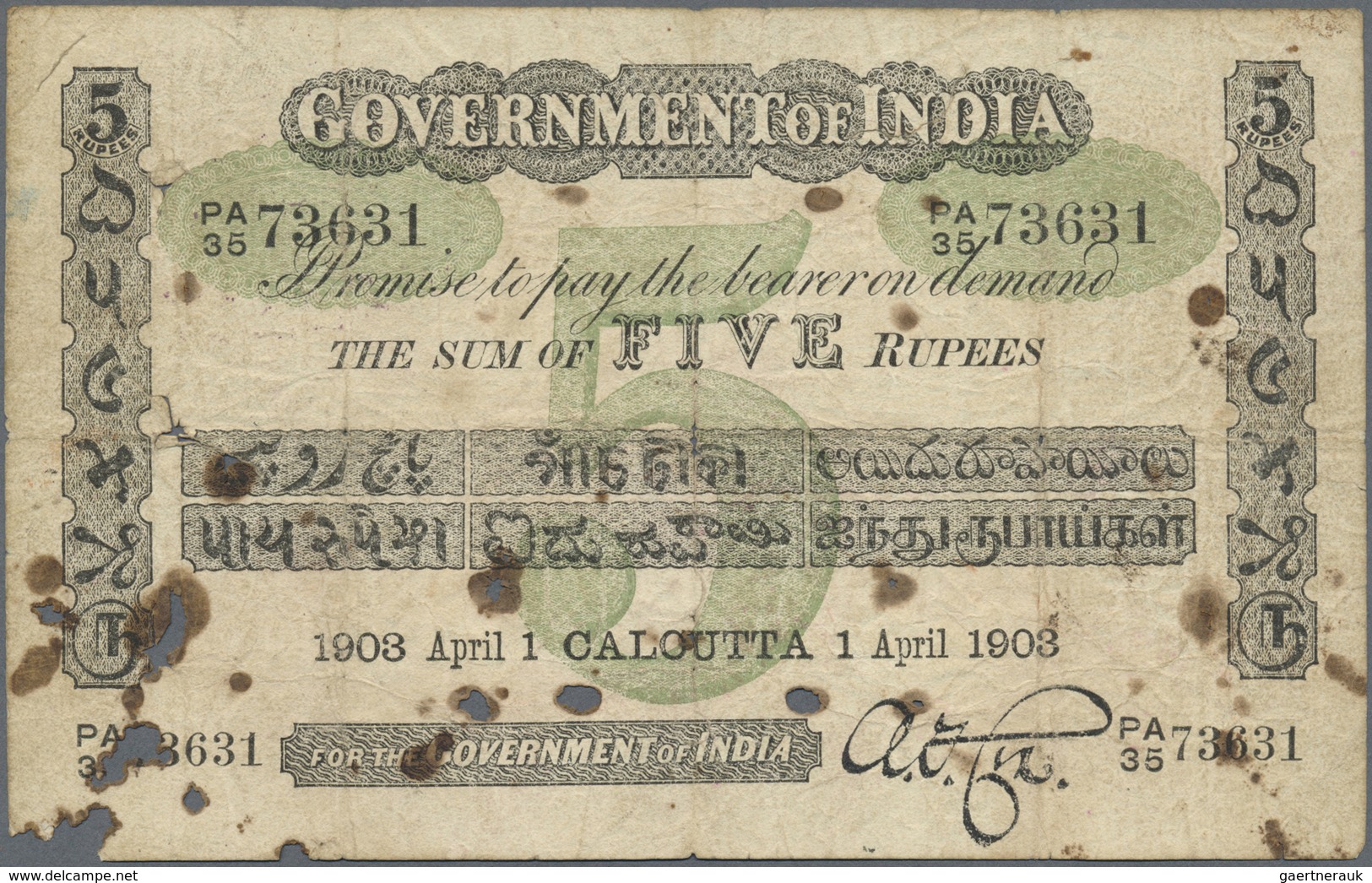 India / Indien: Government Of India 5 Rupees 1903 P. A3, CALCUTTA Issue, Used With Folds And Crease, - India