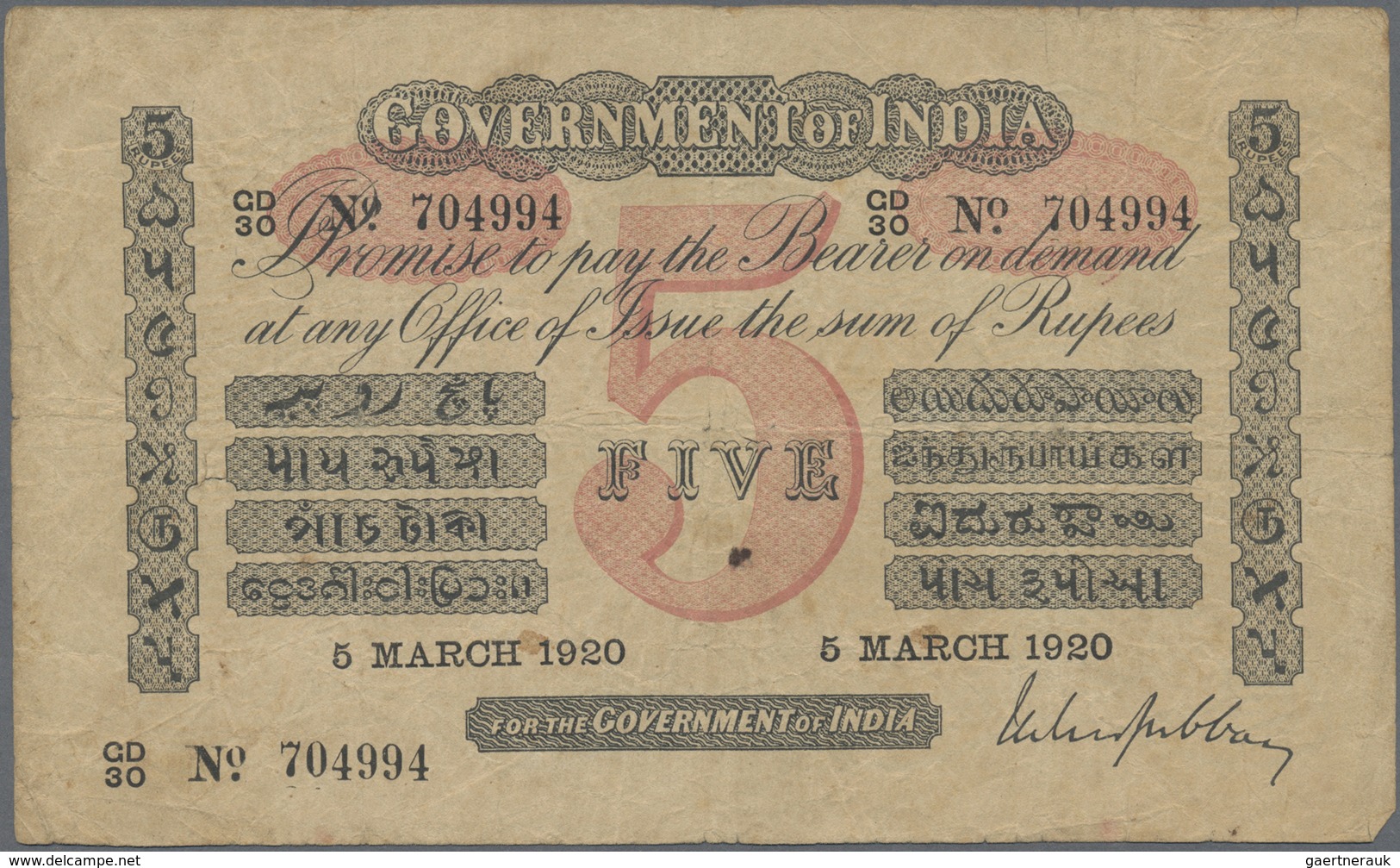 India / Indien: 5 Rupees March 5th 1920, P.A6 In F. Rare! - India
