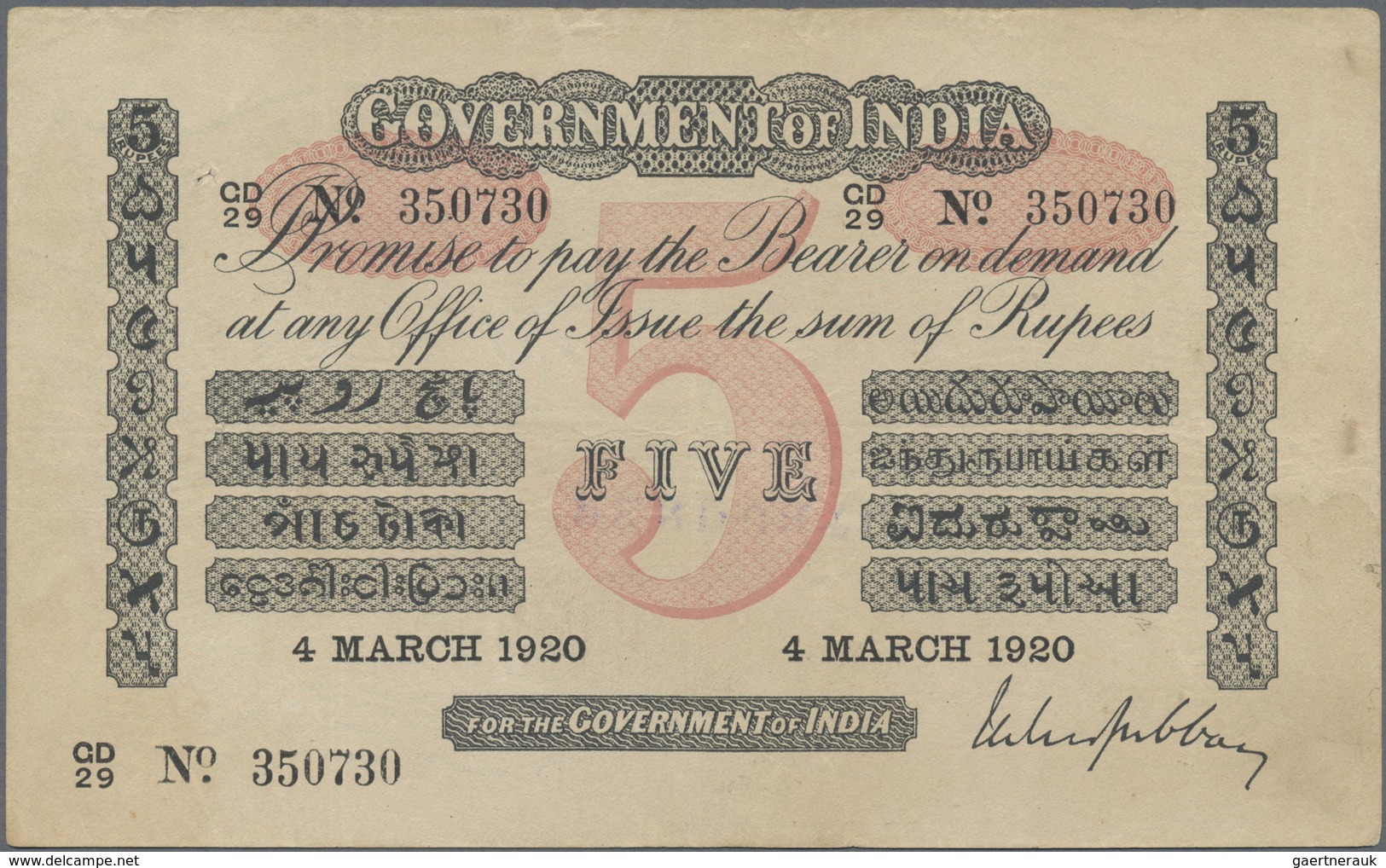 India / Indien: 5 Rupees March 4th 1920, P.A6 In VF Rare! - India