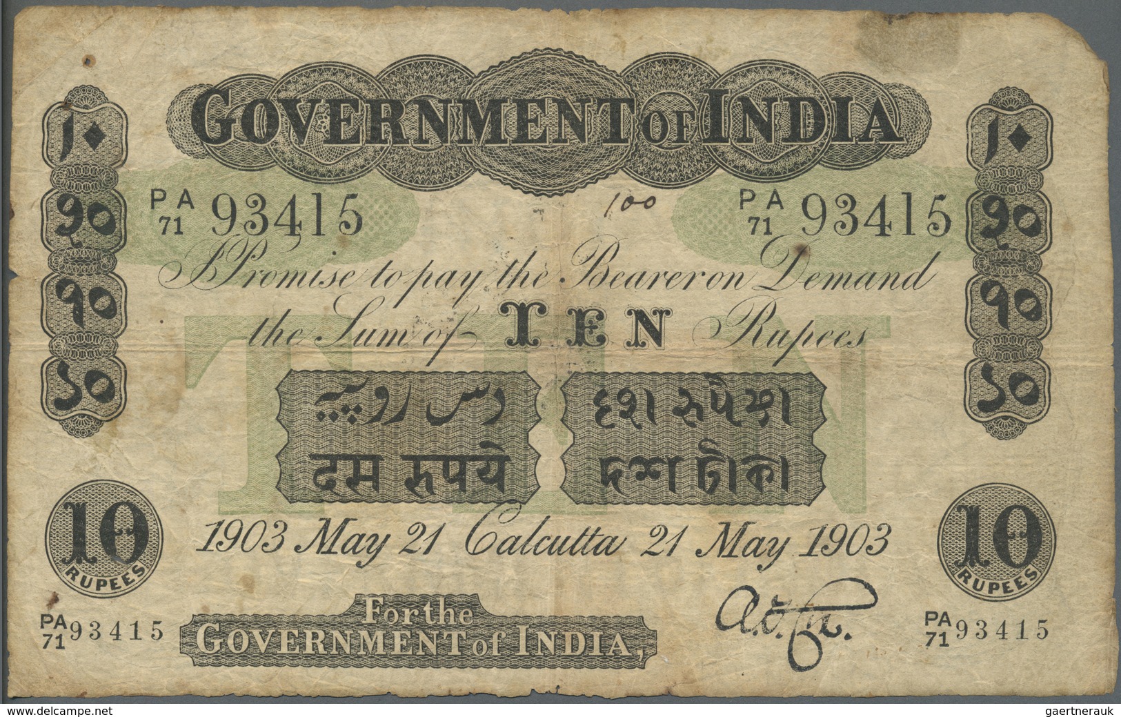 India / Indien: Government Of India 10 Rupees 1903 P. A8, Used With Folds And Stain In Paper, Center - India