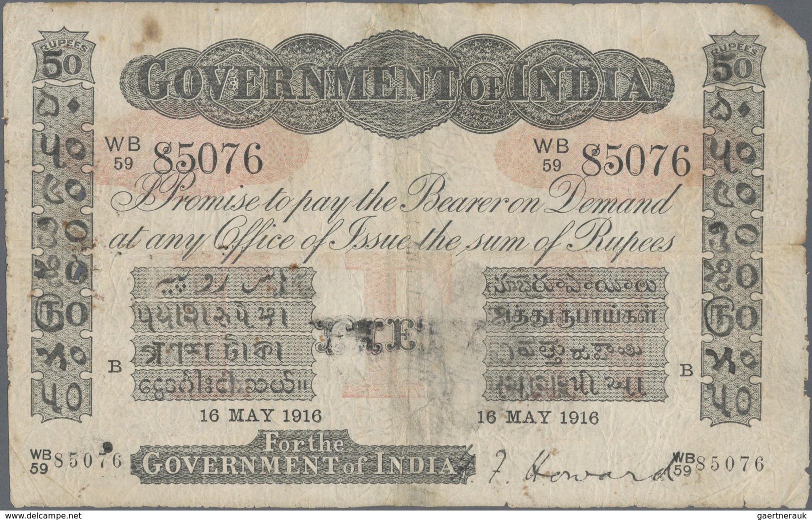 India / Indien: 50 Rupees May 16th 1916, P.A15, Small Missing Part At Upper Right Corner, Tears And - India