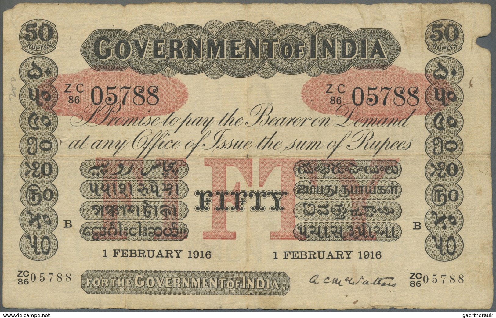 India / Indien: Rare Government Of India 50 Rupees 1916 P. A15, Used With Folds And Light Stain In P - India