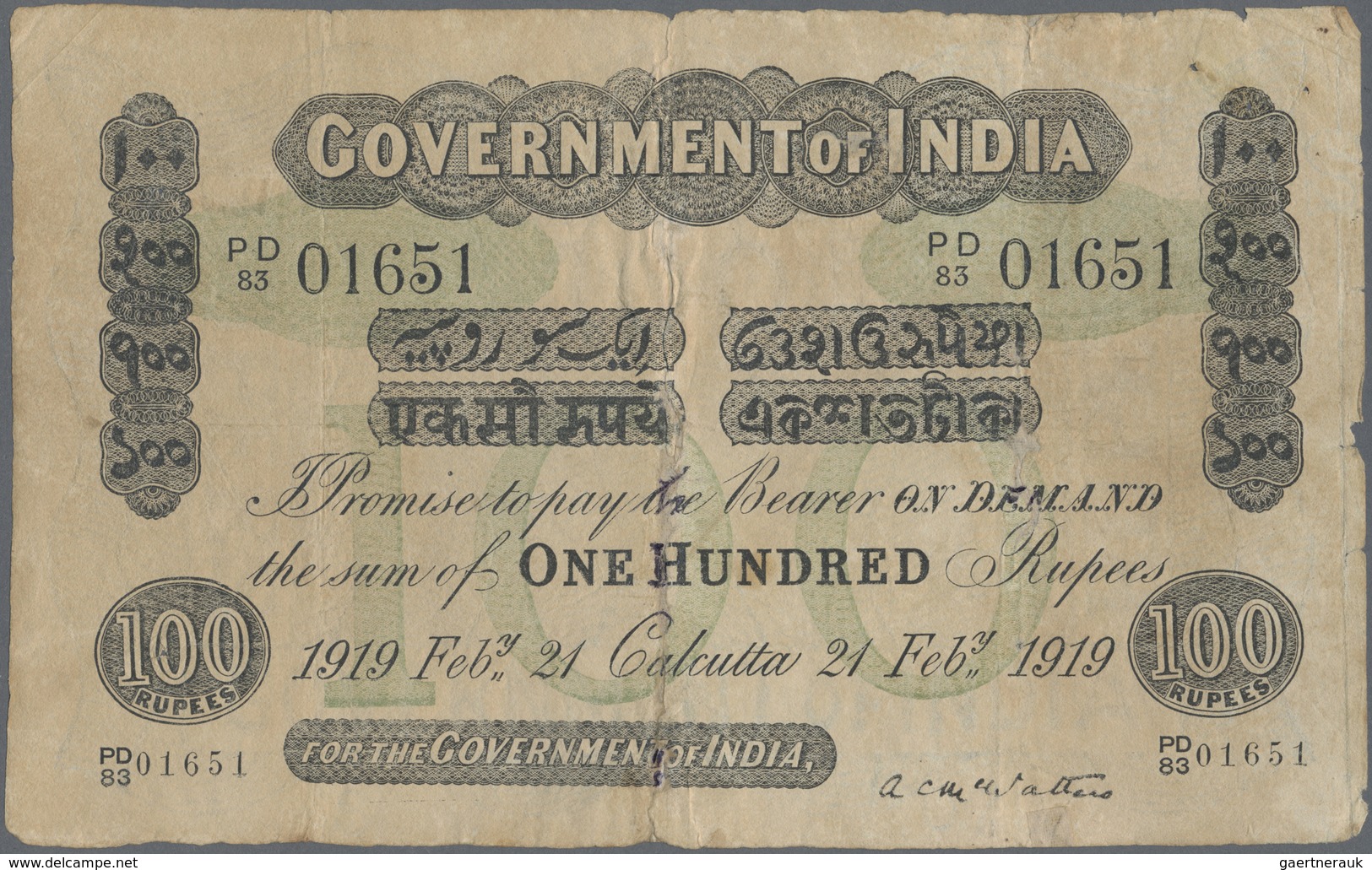 India / Indien: 100 Rupees CALCUTTA February 21st 1919, P.A17c, Taped Tears. Condition: F- RARE! - India