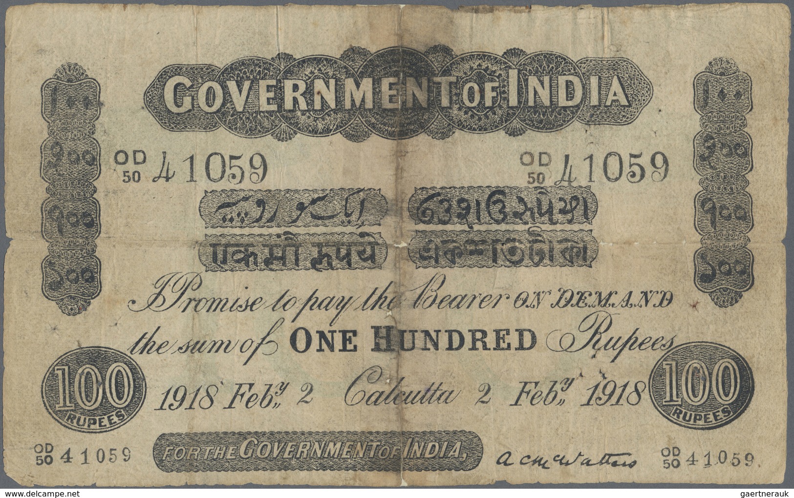 India / Indien: 100 Rupees CALCUTTA February 2nd 1918, P.A17c, Taped Tears And Small Hole At Center - India