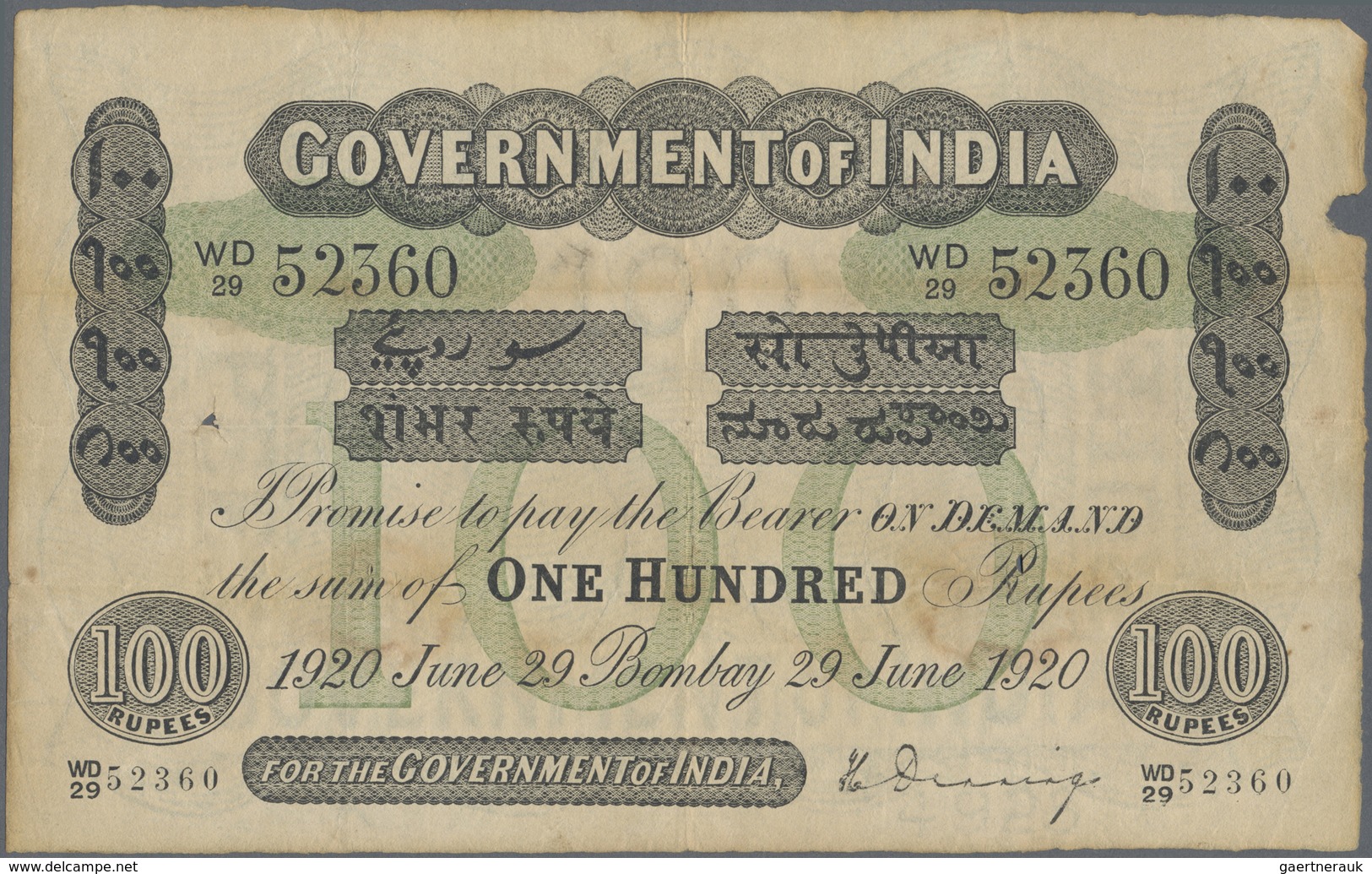India / Indien: 100 Rupees BOMBAY June 29th 1920, P.A17d, Missing Part At Right Border. Condition: F - India
