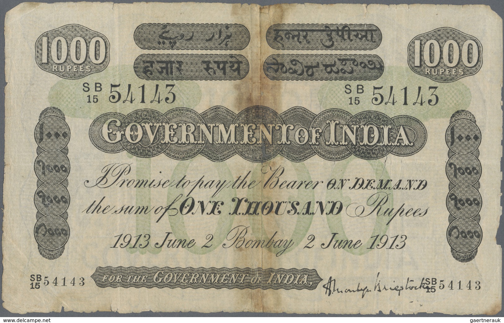 India / Indien: 1000 Rupees BOMBAY June 2nd 1913, P.A19, Extraordinary Rare Note With Taped Tears An - India