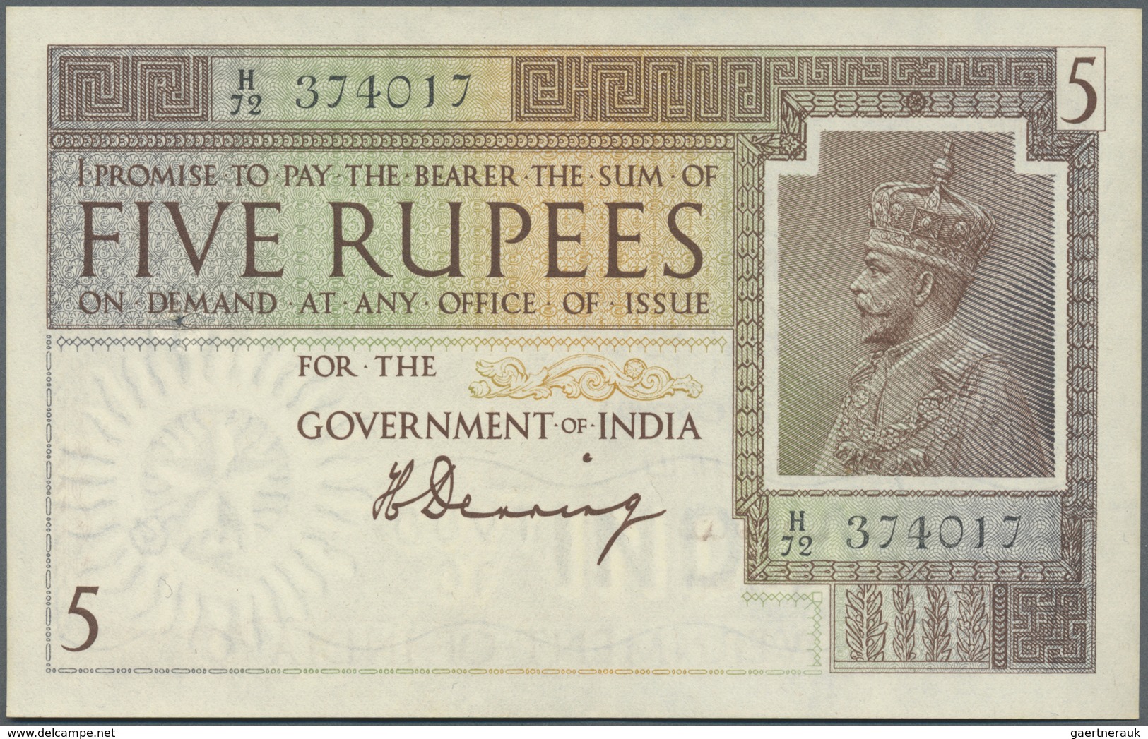 India / Indien: 5 Rupees ND Sign. Denning P. 4a, Only A Very Light Center Bend, Small Hole At Right - India