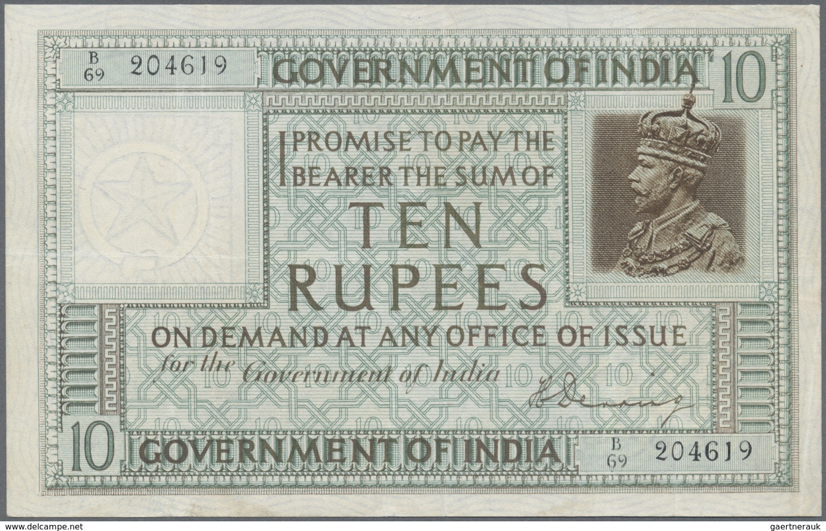 India / Indien: 10 Rupees ND(1917-30) P. 5b Portrait KGV, Light Folds In Paper, Pressed But No Holes - India