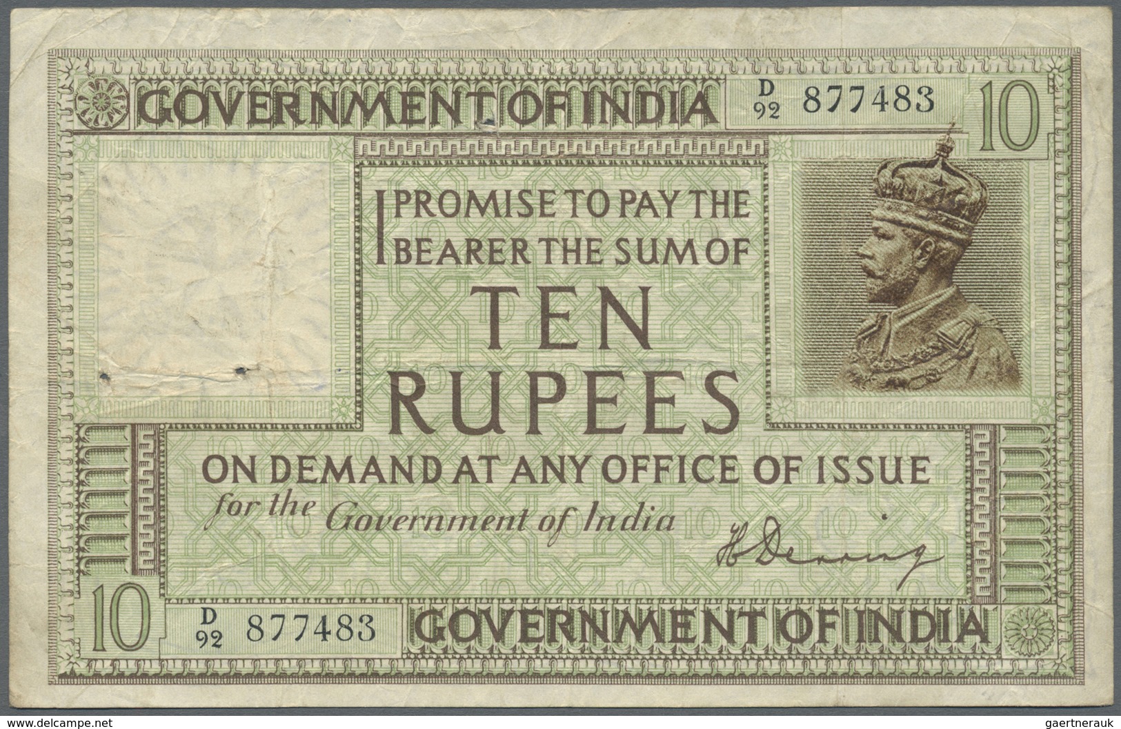 India / Indien: 10 Rupees ND(1917-30), P.6, Still Bright Colors On Front With Several Folds, Graffit - India