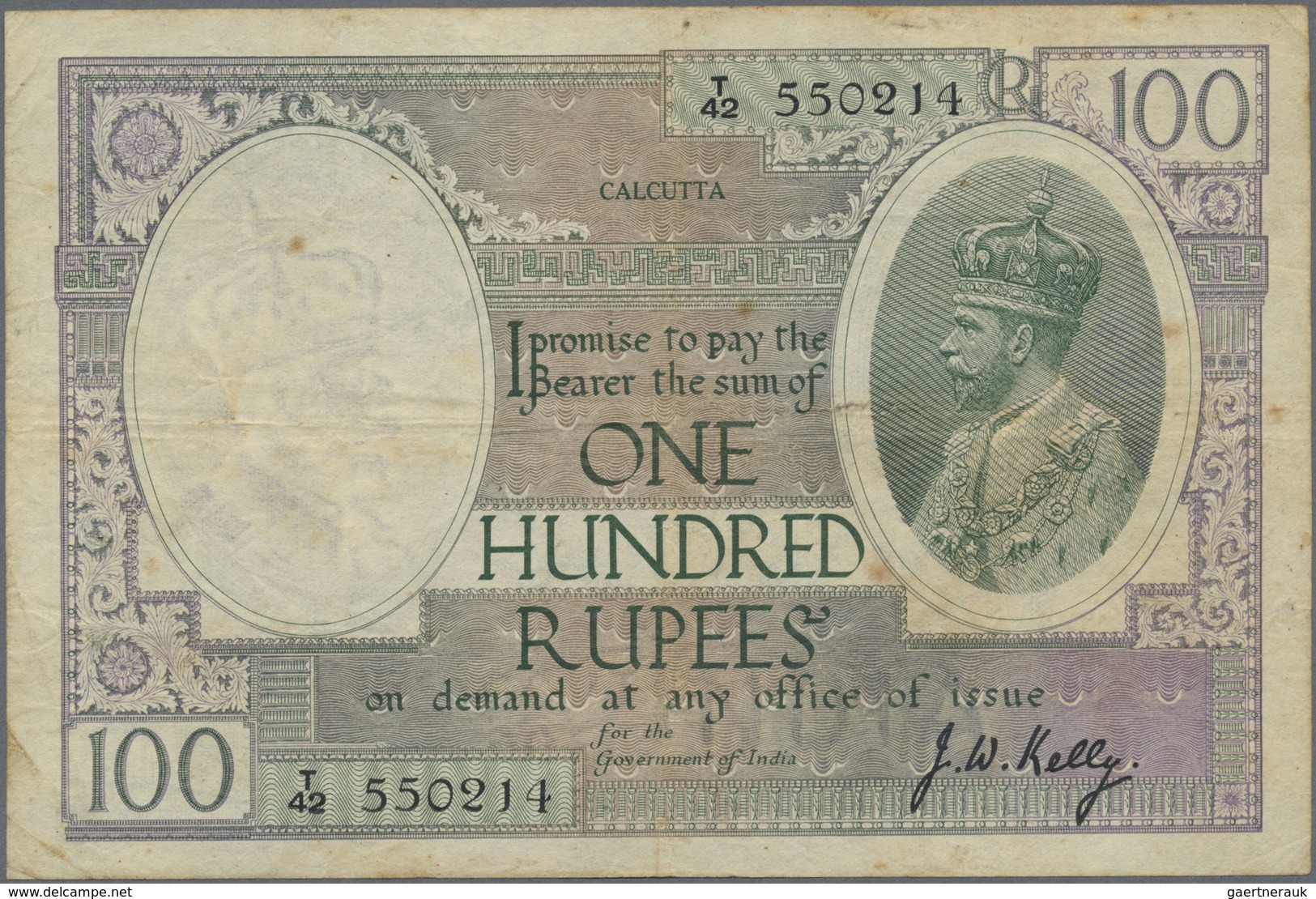 India / Indien: 100 Rupees ND(1917-30) Sign. Kelly, CALCUTTA Issue P. 10h, Used With Vertical And Ho - India