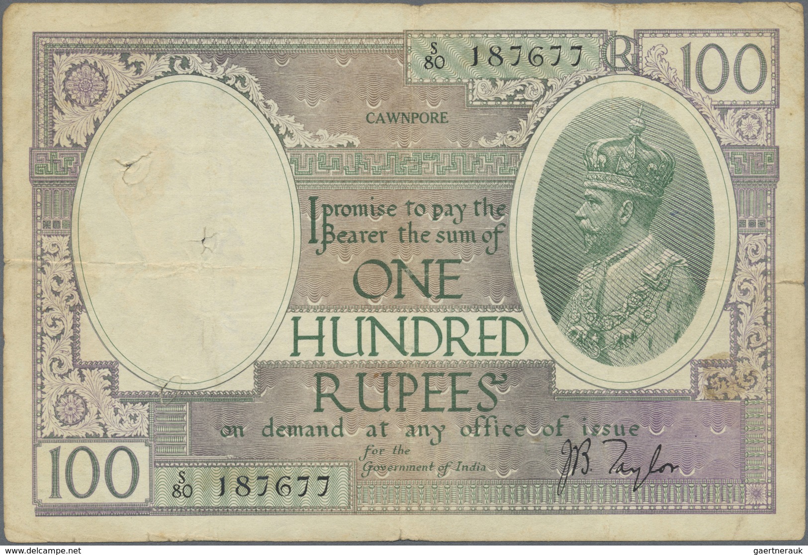 India / Indien: 100 Rupees ND(1917-30) CAWNPORE Issue, Sign. Taylor, P. 10j, Rare Issue Region, Used - India